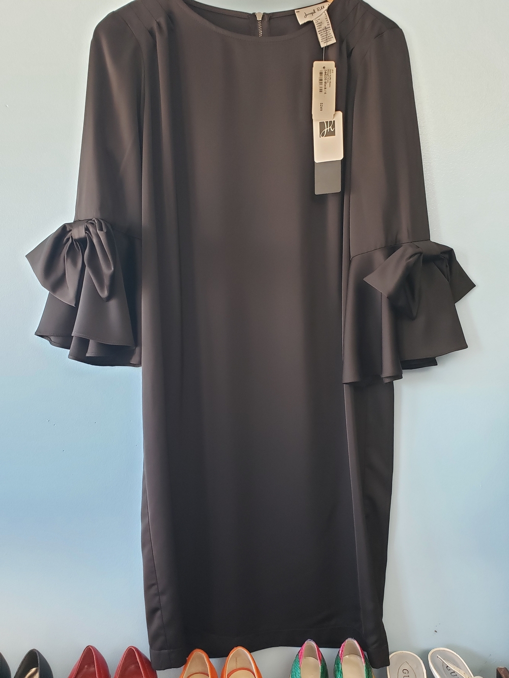 Joseph Ribkoff Black Satin Ruffle Sleeve Shift Dress Size 6 NWT MSRP $249